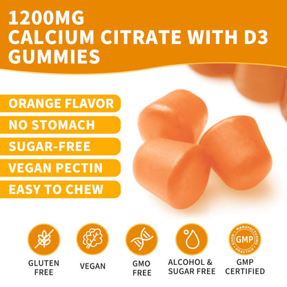 (3 Pack) Calcium Citrate 1200 mg Gummies with Vitamin D3, High Absorption Calcium Supplements for Women & Men, Sugar Free, Non-GMO, Gluten Free,
