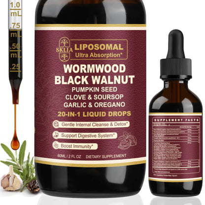 SKLIA 20-in-1 Liposomal Wormwood Black Walnut Cleanse for Humans Drops Liquid – Rapid Gut Cleanse & Digestive Support with Clove, Berberine, Garlic, Soursop
