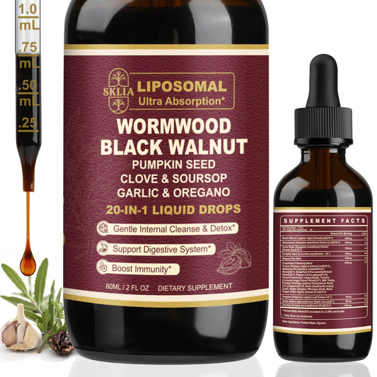 SKLIA 20-in-1 Liposomal Wormwood Black Walnut Cleanse for Humans Drops Liquid – Rapid Gut Cleanse & Digestive Support with Clove, Berberine, Garlic, Soursop