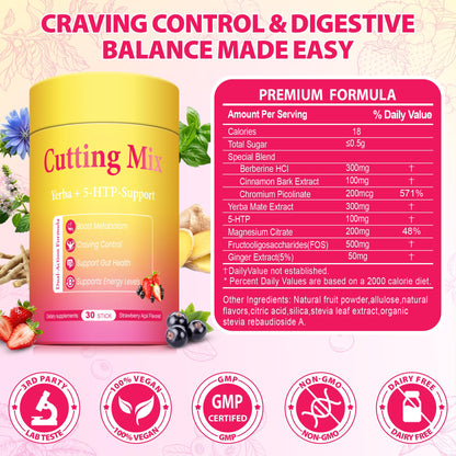 BOSNETHUINH Cutting Drink Mix – Chromium, 5-HTP, Yerba Mate, FOS & Magnesium | Supports Satiety Signaling, Energy & Gut Health