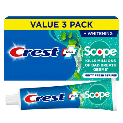 Crest + Scope Whitening Toothpaste - Pack of 3, 5.4 Oz Tubes - Anticavity Fluoride Toothpaste, Fresh Breath, Kills Germs - Tartar Protection,