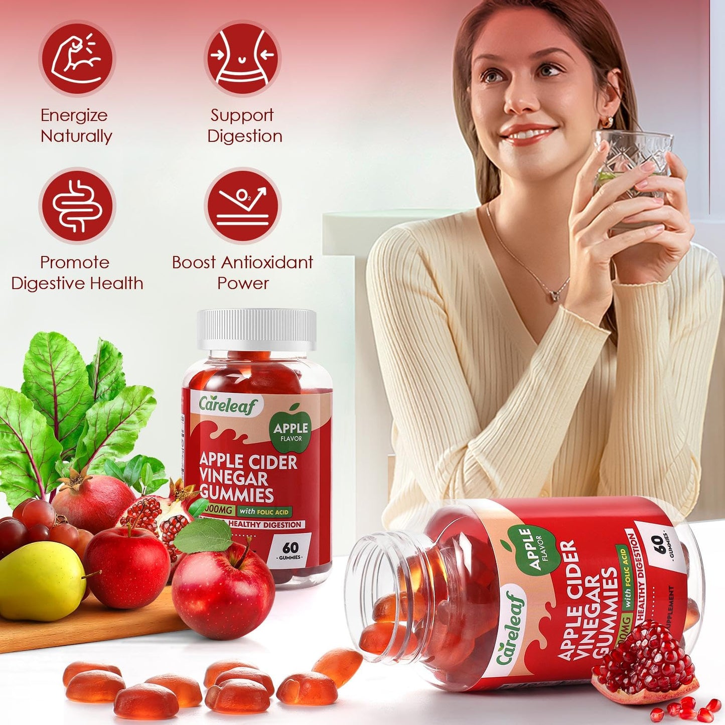 careleaf Apple Cider Vinegar Gummies, Metabolism Gummy with 1000mg AVC & Vitamin B6 Vitamin B12, ACV Gummies for Metabolism,