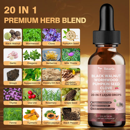 Totaria 20 in 1 Black Walnut Wormwood Tincture - Clove,Pumpkin Seed,Garlic,Oregano