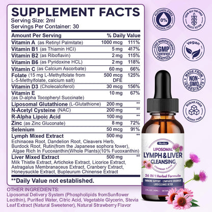 Liposomal Lymphatic Drainage Drops, 26 in 1 Liver Cleanse Detox & Repair with Milk Thistle, Echinacea, Glutathione, Vitamins, Lymph-Liver Cleanse,