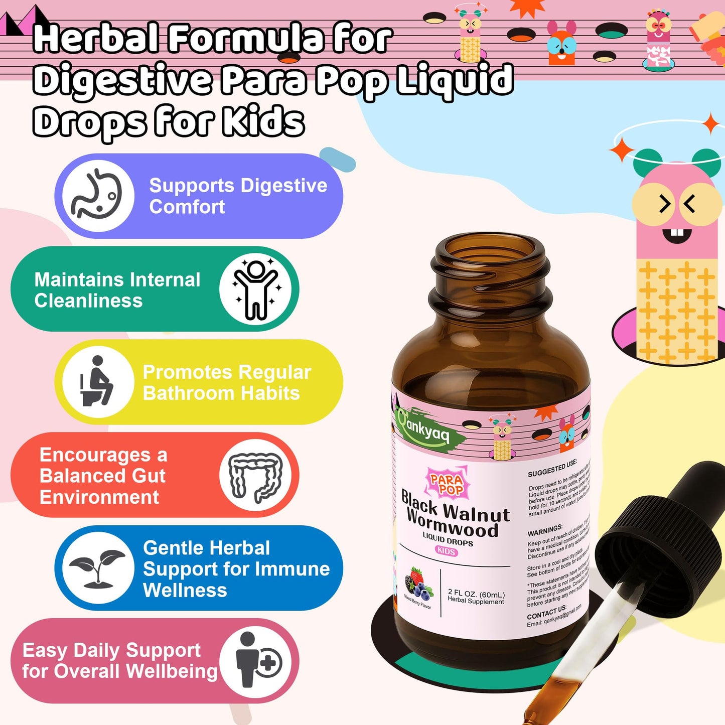 Q'ankyaq Black Walnut Wormwood Liquid for Kids, Gut Cleanse for Children Drops, Natural Detox Support, Gut & Immune Support with Cloves, Garlic,