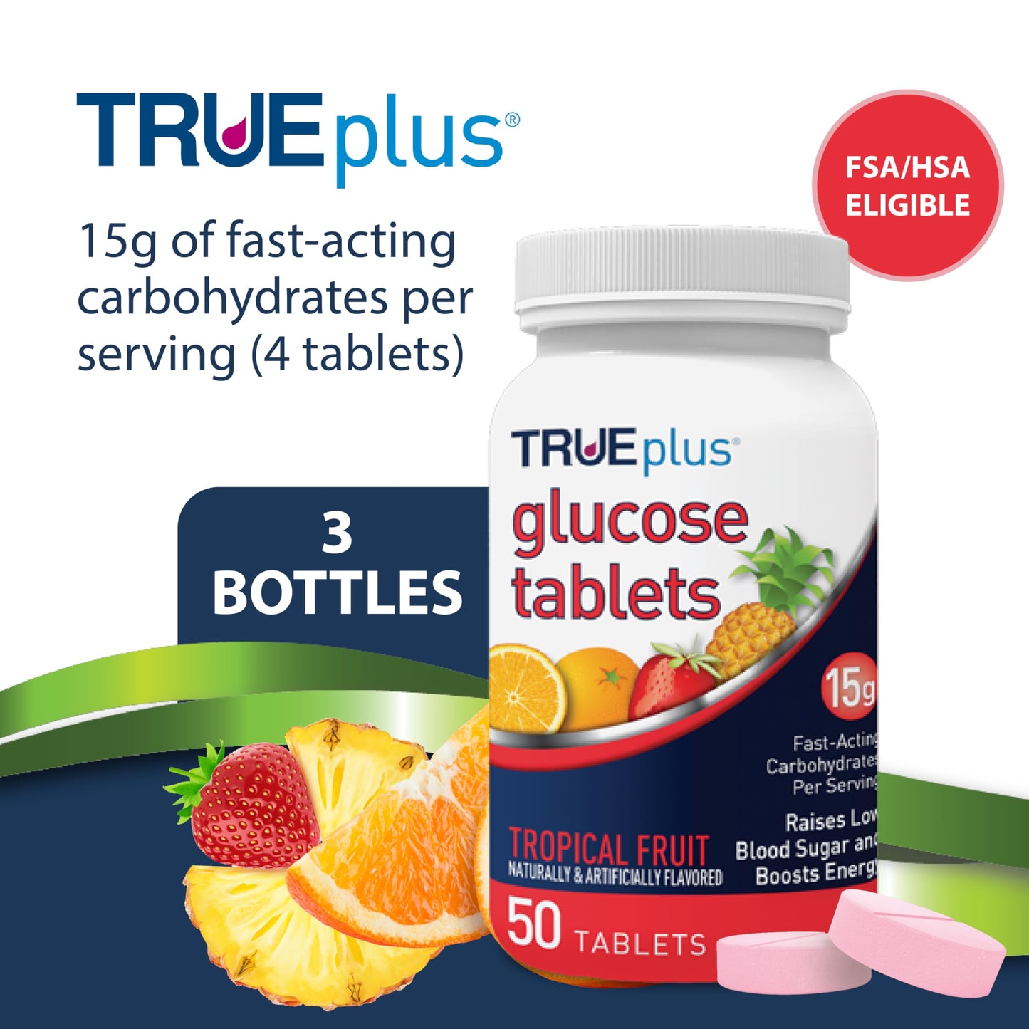TRUEplus Glucose Tablets, Chewable, Tropical Fruit Flavor, 15g Fast-Acting Carbohydrates, Fat Free, Gluten Free, Boost Energy, 50 Count, 3 Bottles