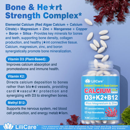 Calcium 1200 mg with Vitamin D3 K2 5000 IU Softgels Supplement for Women Men - Liposomal Calcium Citrate & Algae Calcium Magnesium Zinc + D3 K2 B12