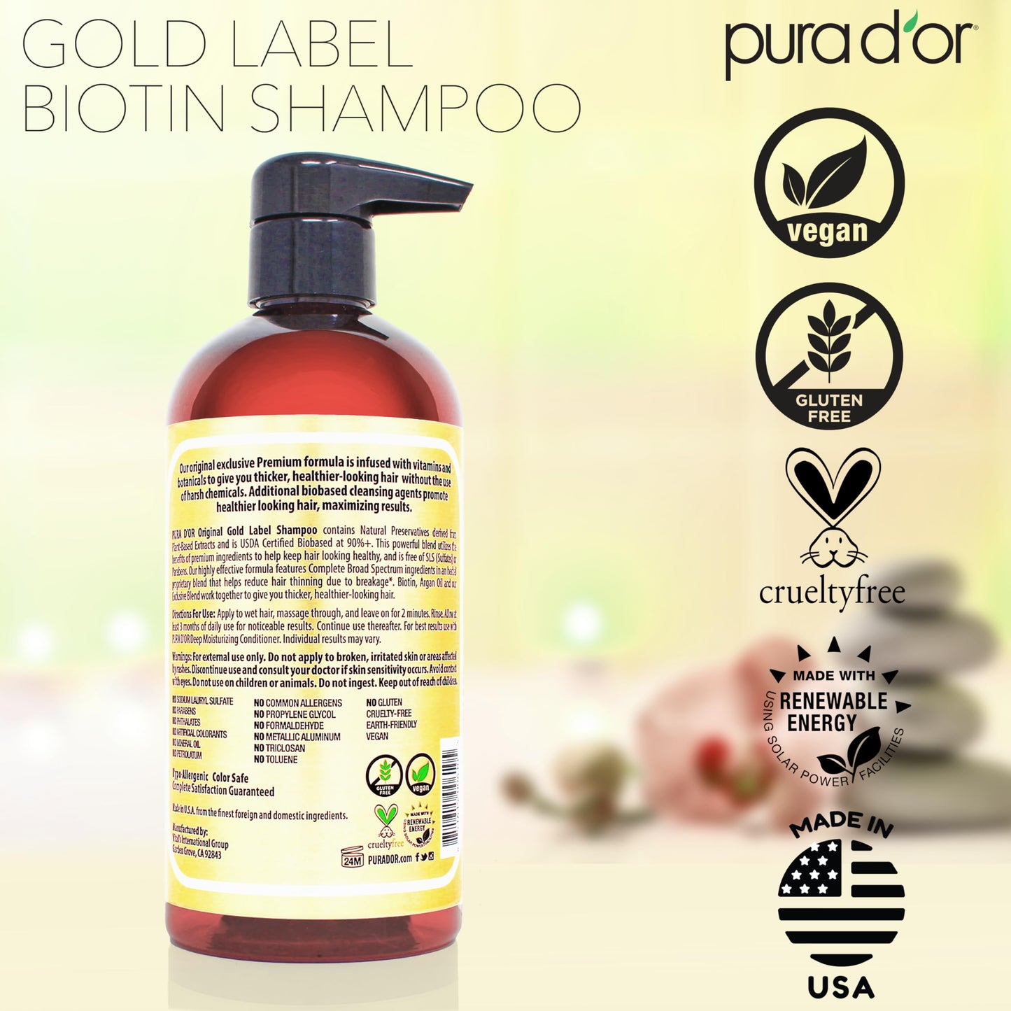 PURA D'OR Original Gold Label Anti-Thinning Shampoo - CLINICALLY TESTED - Biotin & Argan Oil – Sulfate-Free Strengthening & Volumizing for Fuller-Looking Hair,