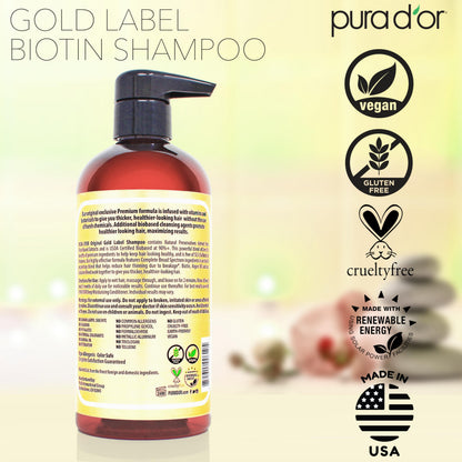 PURA D'OR Original Gold Label Anti-Thinning Shampoo - CLINICALLY TESTED - Biotin & Argan Oil – Sulfate-Free Strengthening & Volumizing for Fuller-Looking Hair,