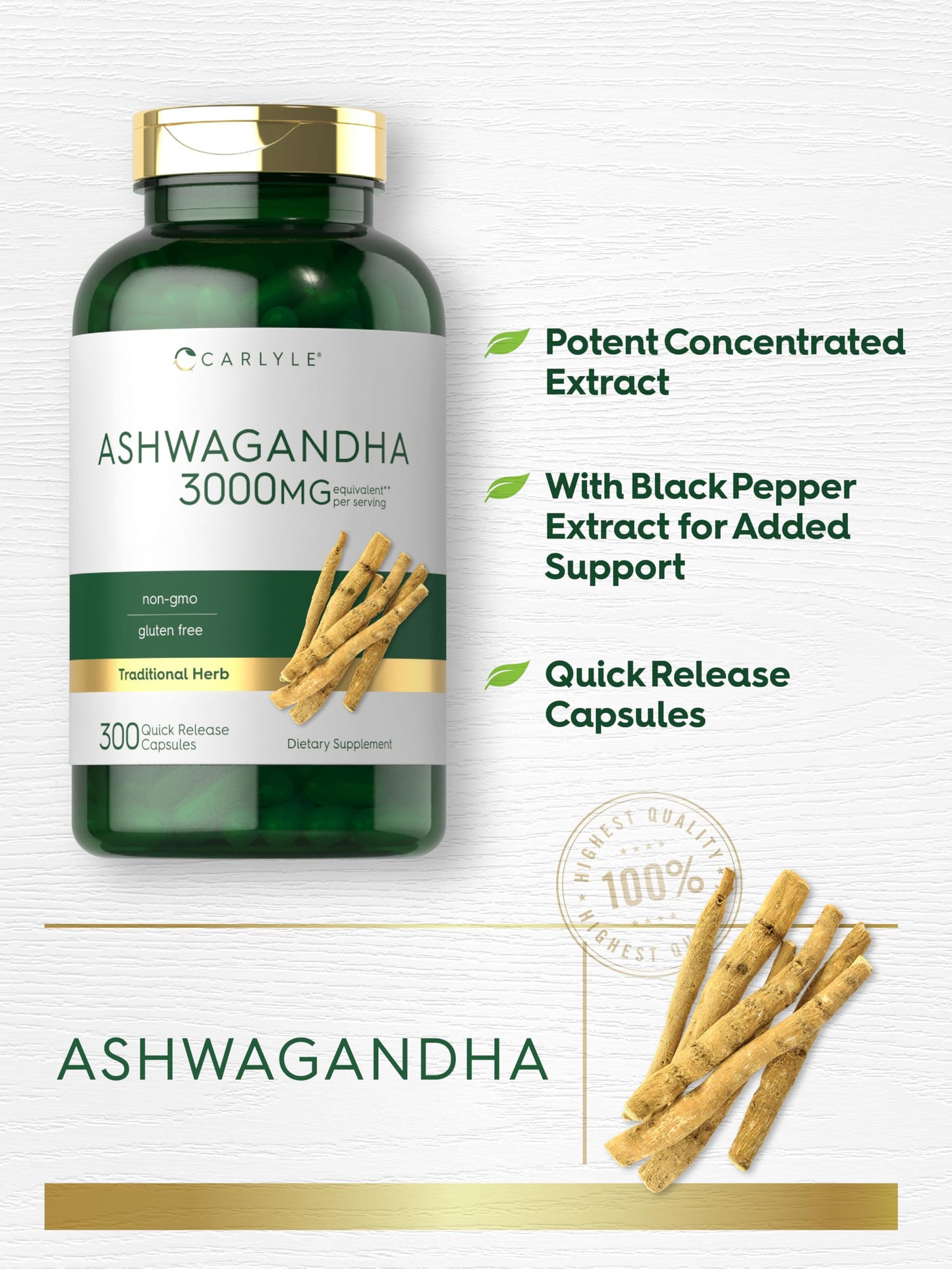 Carlyle Ashwagandha Supplement for Women and Men | 300 Capsules | Herb Root Extract with Black Pepper | Non-GMO and Gluten Free