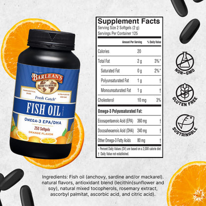 Barlean's Omega 3 Fish Oil Supplements, 600mg Fish Oil Pills with EPA & DHA, Softgels for Joint, Brain, & Heart Health, Orange Flavored, 250 Count
