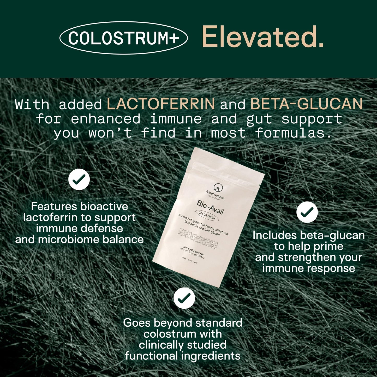 Adapt Naturals Colostrum Supplement with Lactoferrin & Beta-Glucan, Bio-Avail Grass Fed Bovine Colostrum Powder for Gut Health, Immune Support & Vitality