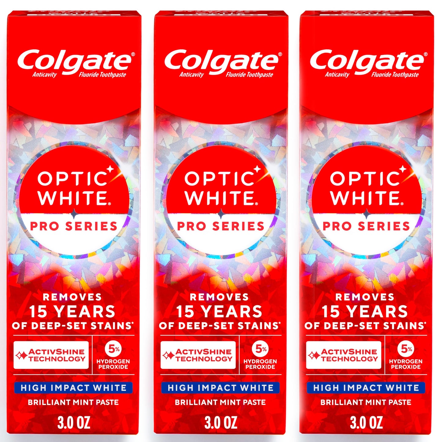 Colgate Optic White Pro Series High Impact White, 3 Pack, Teeth Whitening Toothpaste with 5% Hydrogen Peroxide and ActivShine