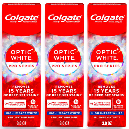 Colgate Optic White Pro Series High Impact White, 3 Pack, Teeth Whitening Toothpaste with 5% Hydrogen Peroxide and ActivShine