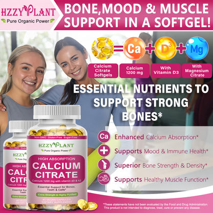 Calcium Supplements for Women Softgels, High Absorption Calcium Citrate Supplement Essential Mineral Calcium 1200 mg with Vitamin D3 Magnesium for Bone Health Support