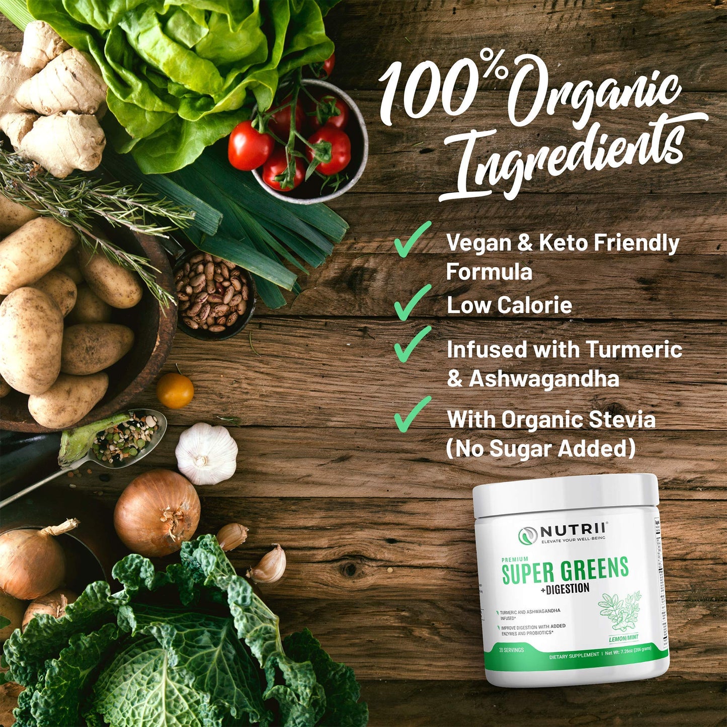 Nutrii Organic Green Immunity Superfood Powder - Soothes Digestion, Boosts Healthy Vitality and Energy. Fast Acting Formula with Probiotics, Enzymes,