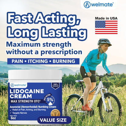 WELMATE 5% Lidocaine Cream for Hemorrhoids, 6 oz Jar – Fast-Acting Lidocaine Numbing Cream & Topical Analgesic Cream for Anorectal Itch Relief