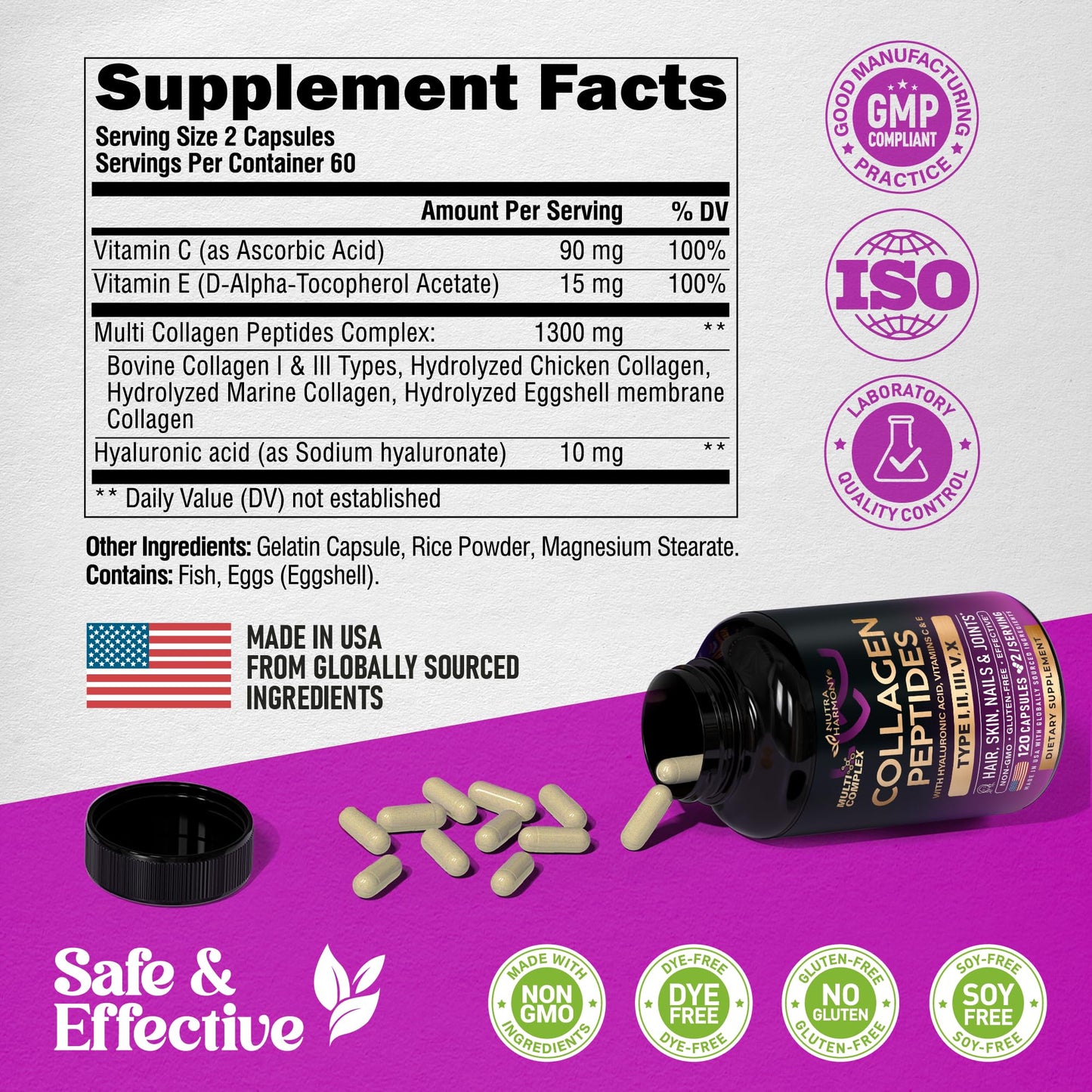 Multi Collagen Peptides - Hydrolyzed Types I, II, III, V & X - Collagen Supplement for Women 1300mg - w/ Hyaluronic Acid, Vitamins C & E - Skin, Hair