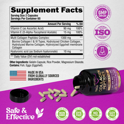 Multi Collagen Peptides - Hydrolyzed Types I, II, III, V & X - Collagen Supplement for Women 1300mg - w/ Hyaluronic Acid, Vitamins C & E - Skin, Hair