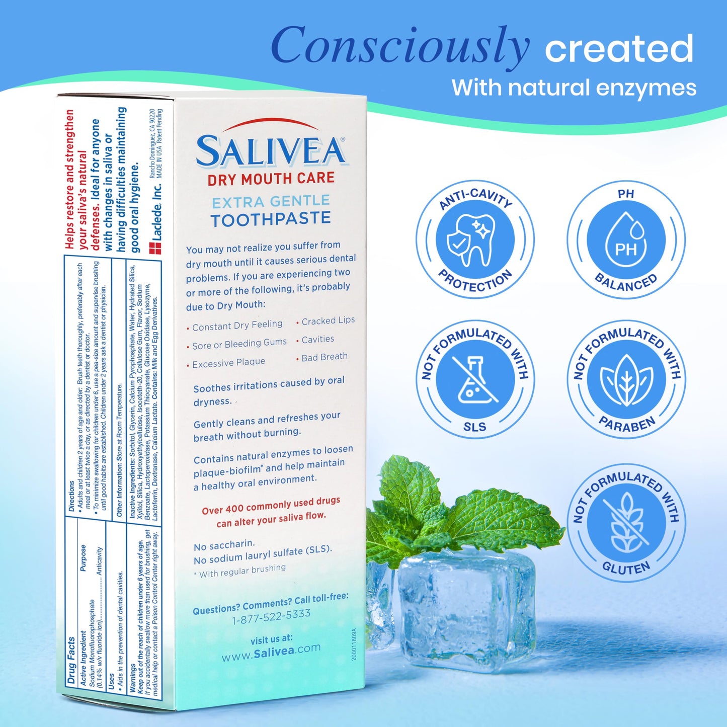 SALIVEA Dry Mouth Toothpaste (2 Pack) — 4.3 oz Each, Anticavity Fluoride, Natural Salivary Enzymes, Xylitol & Calcium, SLS-Free,