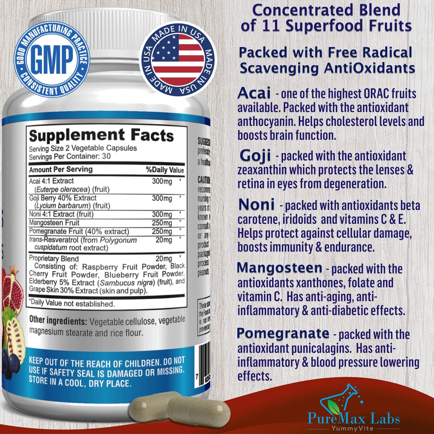 Super Antioxidant Fruit Superfood Complex - Powerful Antioxidant Superfruits, Acai, Goji, Noni, Mangosteen, Pomegranate, Elderberry, Resveratrol,
