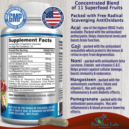 Super Antioxidant Fruit Superfood Complex - Powerful Antioxidant Superfruits, Acai, Goji, Noni, Mangosteen, Pomegranate, Elderberry, Resveratrol,