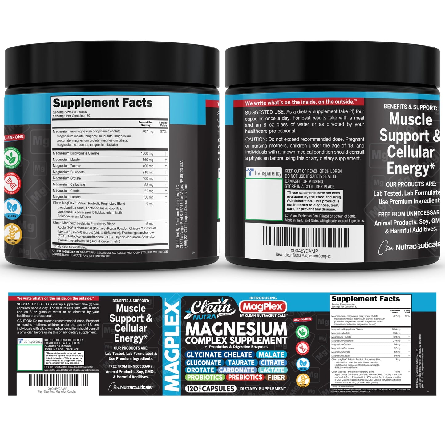 8in1 Magnesium Supplement Complex | Magnesium Glycinate Citrate Malate Gluconate Orotate Carbonate Lactate + Prebiotics Probiotics Digestive Enzymes Magnesio