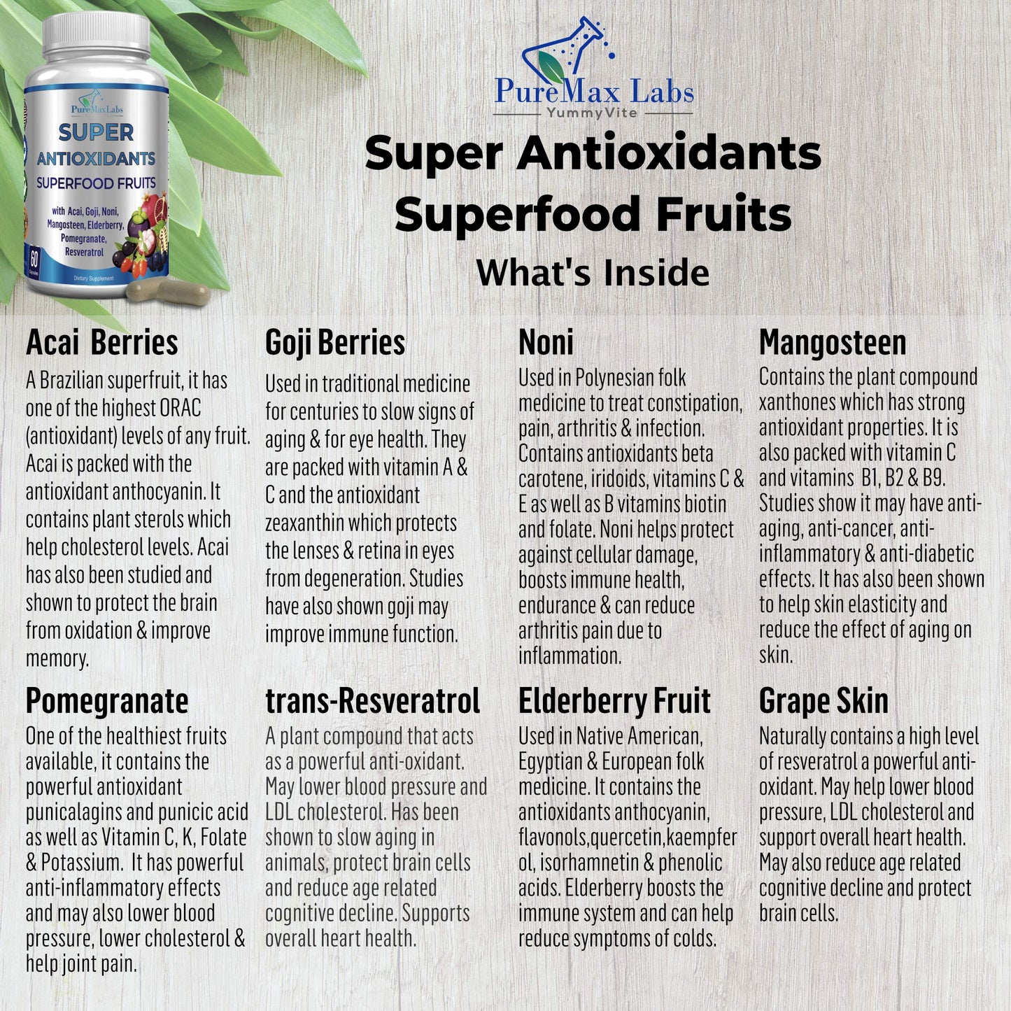Super Antioxidant Fruit Superfood Complex - Powerful Antioxidant Superfruits, Acai, Goji, Noni, Mangosteen, Pomegranate, Elderberry, Resveratrol,