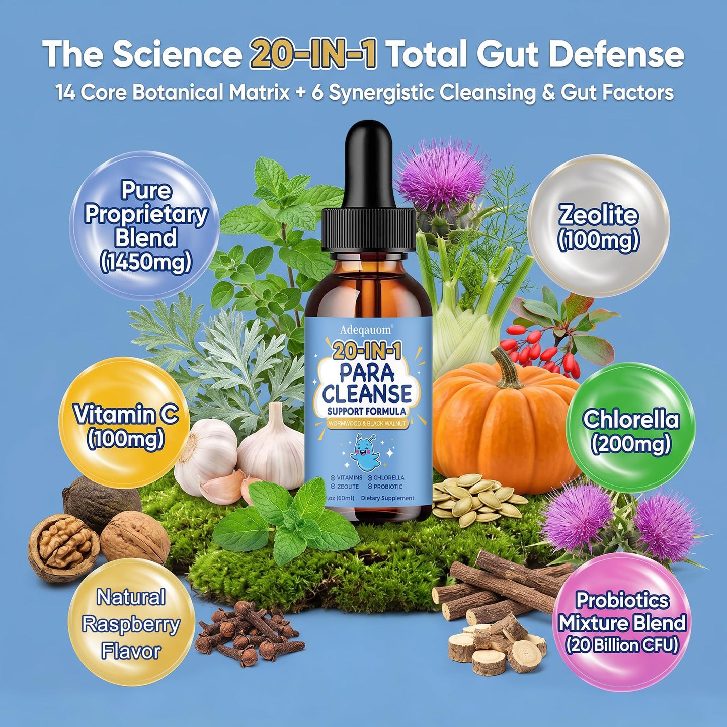 Wormwood Black Walnut Clove Parasite Cleanse for Humans & Kids, 20 in 1 Zeolite, Chlorella, 20 Billion Probiotics, Liquid Detox Support, Gut & Digestive