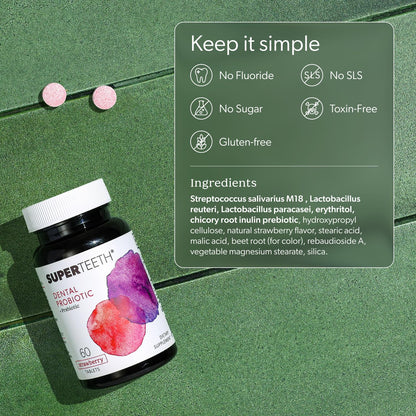 SuperTeeth Oral Probiotics for Mouth Bad Breath & Cavities, Oral Defense Dental Probiotic to Support Healthy Teeth & Gums, Lactobacillus Reuteri Chewable