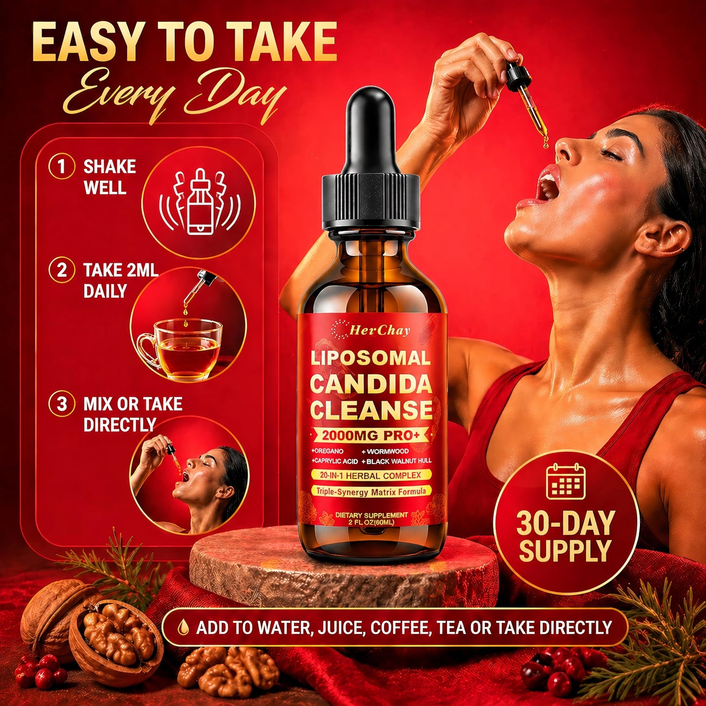 Liposomal Candida Cleanse Drops 2000mg - 20-in-1 Candida Detox for Women & Men with Caprylic Acid, Oregano, Black Walnut & Wormwood – Yeast Detox, Gut & Colon Support,