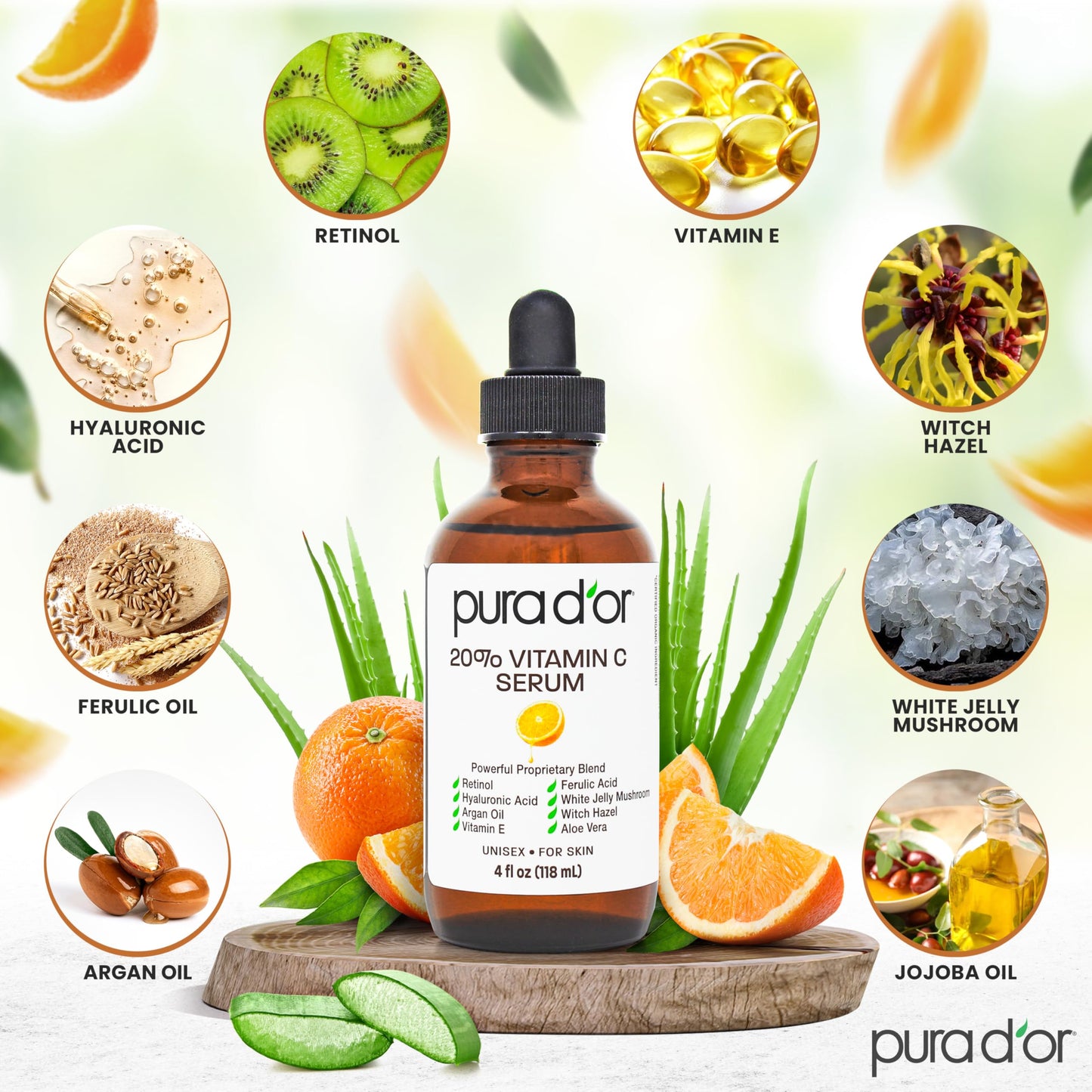 PURA D'OR 20% Vitamin C Facial Serum 4 Oz Antioxidant Blend w/Retinol, Hyaluronic Acid, Vitamin E, Ferulic Acid - Hydrating Lightweight Skincare Formula
