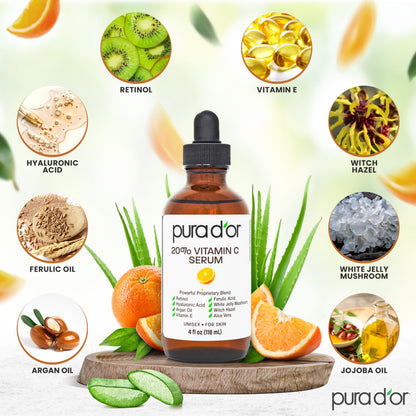 PURA D'OR 20% Vitamin C Facial Serum 4 Oz Antioxidant Blend w/Retinol, Hyaluronic Acid, Vitamin E, Ferulic Acid - Hydrating Lightweight Skincare Formula