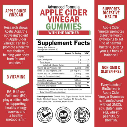 Apple Cider Vinegar Gummies - ACV Gummies with The Mother for Women & Men - Energy Boost Bloat Digestive & Immune Support - Vitamin B12 B6 B 9 Folic Acid