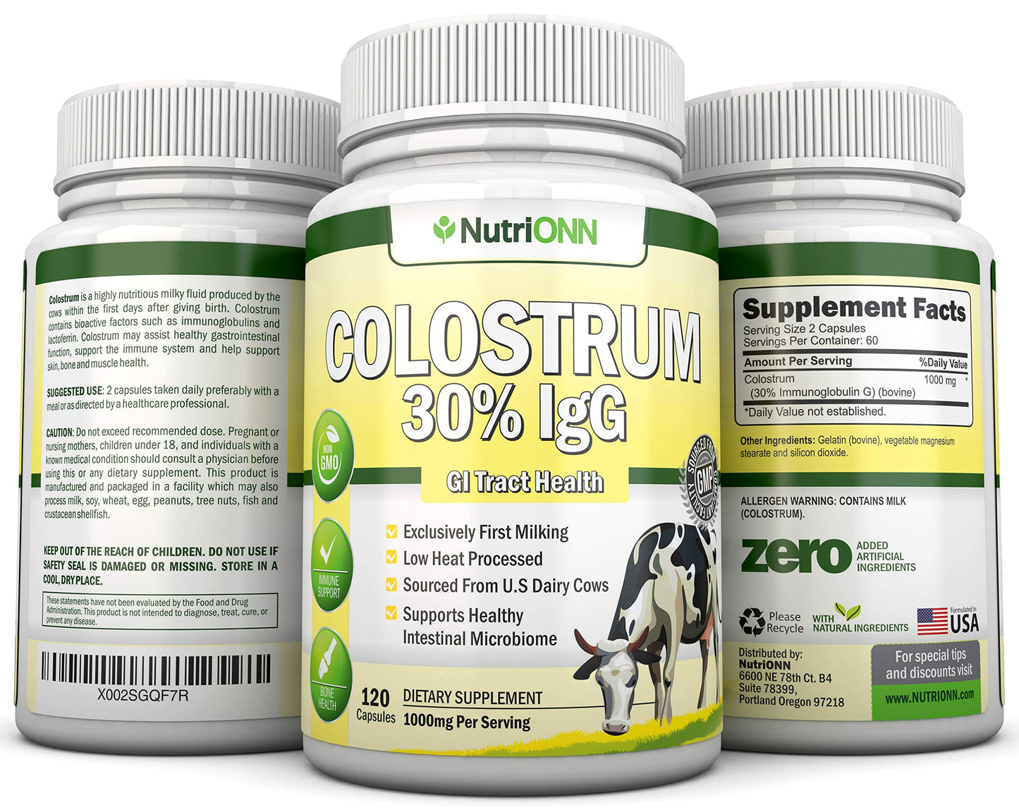 Colostrum - 1000mg - 120 Capsules - 30% IgG - Non-GMO US Dairy - First Milking Bovine Colostrum - Low Heat Processed - Great for GI Tract Health
