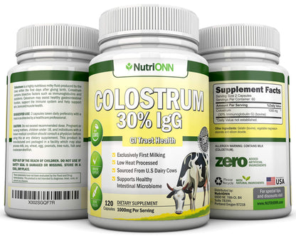 Colostrum - 1000mg - 120 Capsules - 30% IgG - Non-GMO US Dairy - First Milking Bovine Colostrum - Low Heat Processed - Great for GI Tract Health
