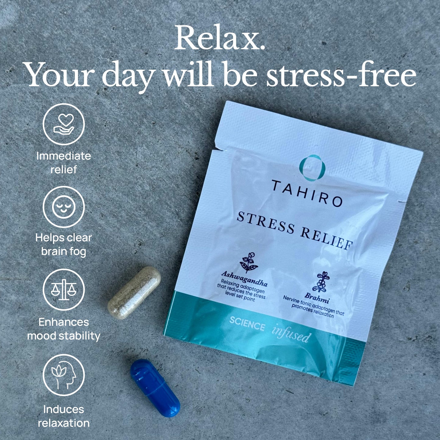 TAHIRO Stress-Relief Supplement – Natural Brain Support Supplement with Magnesium, Vitamin B, Ashwagandha, Brahmi – Non-GMO Vegan Brain Booster Supplement