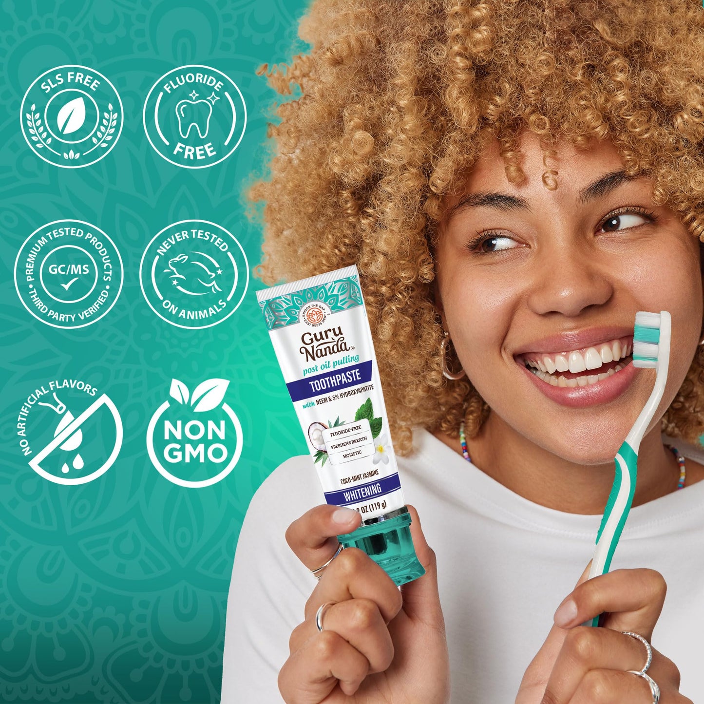 GuruNanda Hydroxyapatite Toothpaste for Whitening with Neem & Xylitol, SLS & Fluoride Free Formula with Tongue Scraper & Squeezer - Freshens Breath, Fights Plaque