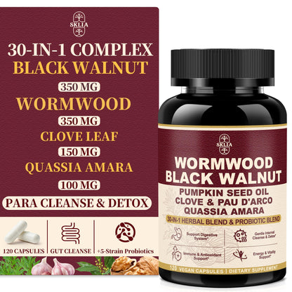 30-in-1 Liposomal Wormwood Black Walnut Clove Cleanse for Humans Capsules – Gut Cleanse & Digestive Support with Clove, Pumpkin Seed Oil, Garlic, Quassia Amara