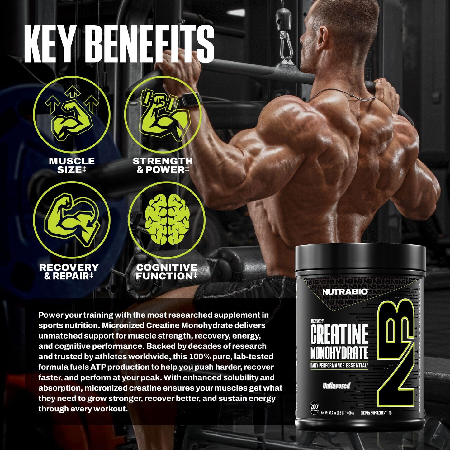 NutraBio Pure Micronized Creatine Monohydrate Powder Supplement, Unflavored, (1000 g) - Supports Bulk Muscle Energy, Recovery, and Strength - HPLC Tested Creatine Powder