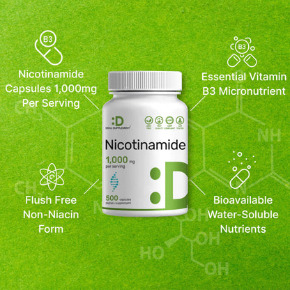 Vitamin B3 Nicotinamide 1,000mg Per Serving – 500 Capsules, Flush Free Niacin, Essential B3 – Supports Healthy Skin & Energy Production – Non-GMO